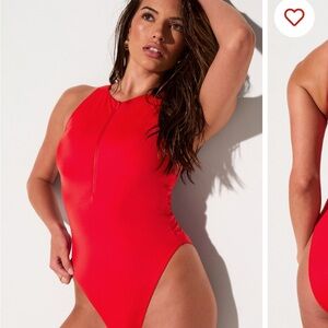Fabletics Heated Red Zip Front One-Piece Swimsuit SZ L NWT